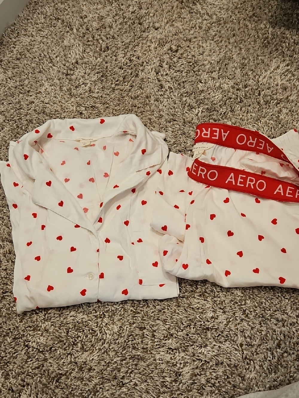 Aeropostale White Pajama Set with Red Heart Print and Red Logo Waistband
